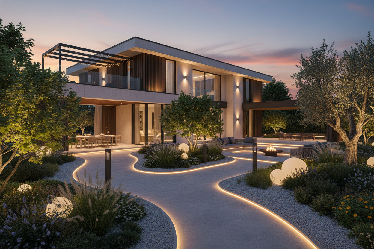 şık bir evin bahçesinin aydınlatılmış görselini oluştur